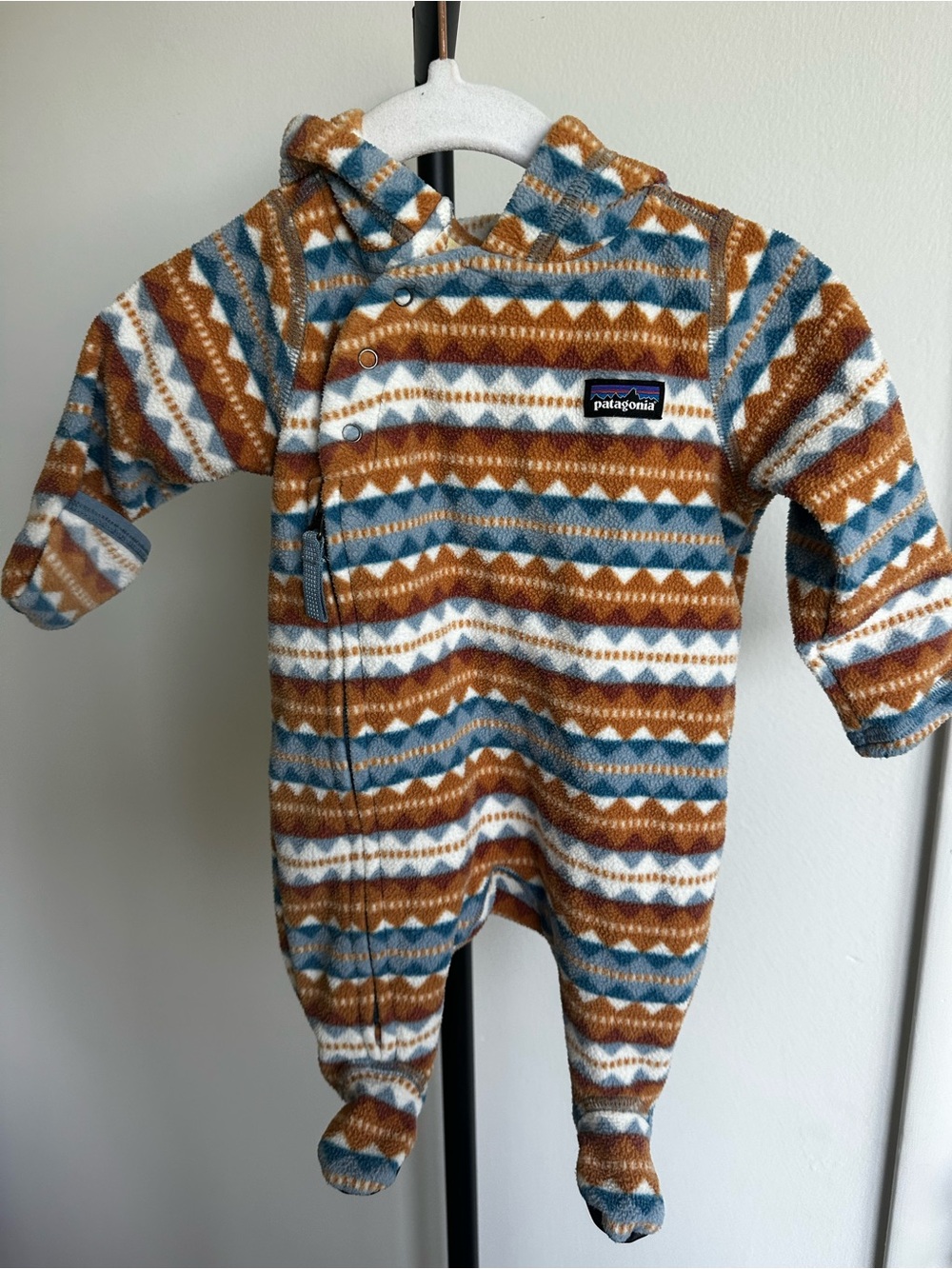 Patagonia Hooded Fleece One-Piece in Rust, Blue & Cream